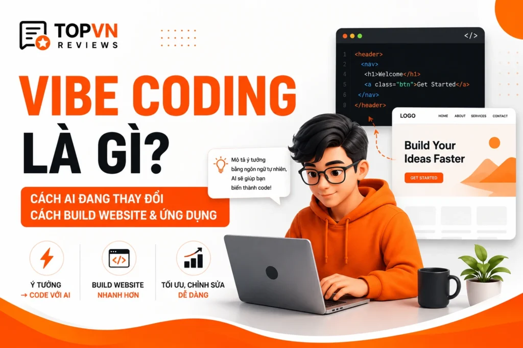 Thumbnail bài viết Vibe Coding là gì trên TOPVN Reviews, minh họa cách AI hỗ trợ biến ý tưởng thành code, build website và ứng dụng nhanh hơn thông qua mô tả bằng ngôn ngữ tự nhiên.